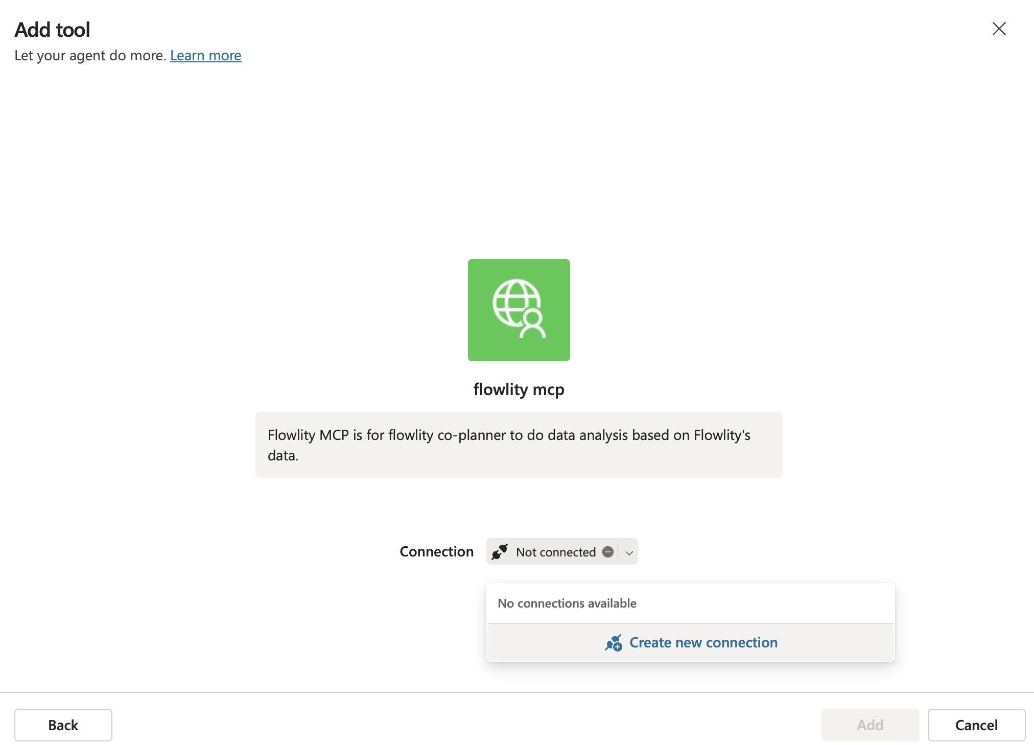 Pantalla Add tool que invita a crear una nueva conexión para el servidor MCP de Flowlity