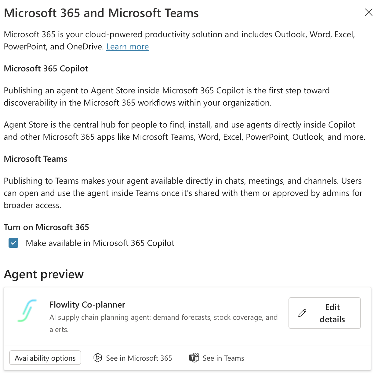 Panel del canal Microsoft 365 and Teams con la opción Make available in Microsoft 365 Copilot activada