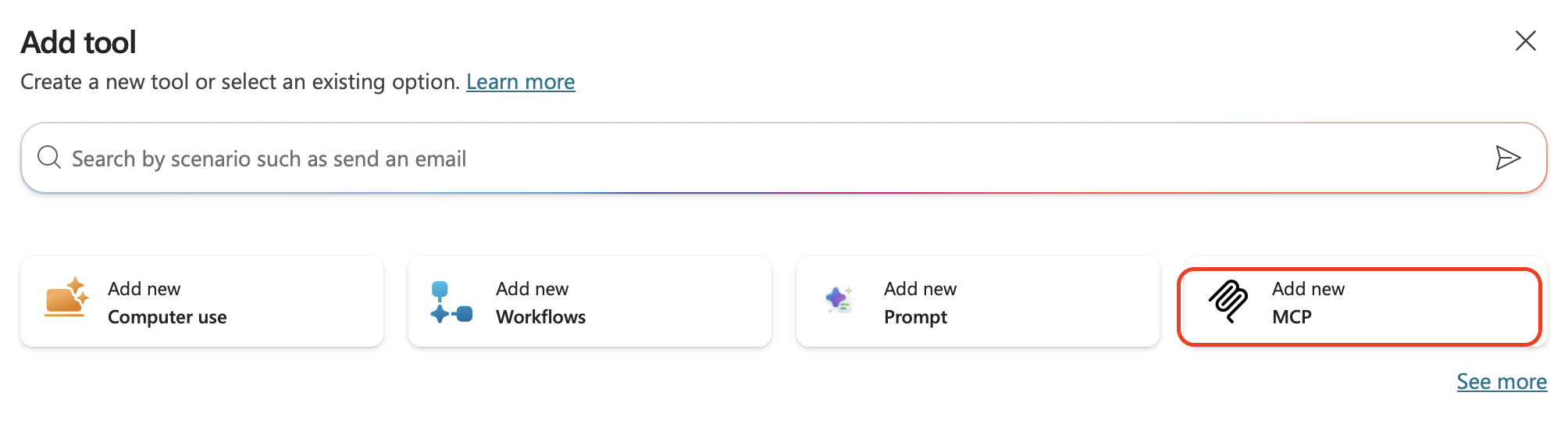 Cuadro de diálogo Add tool con la opción Add new MCP resaltada