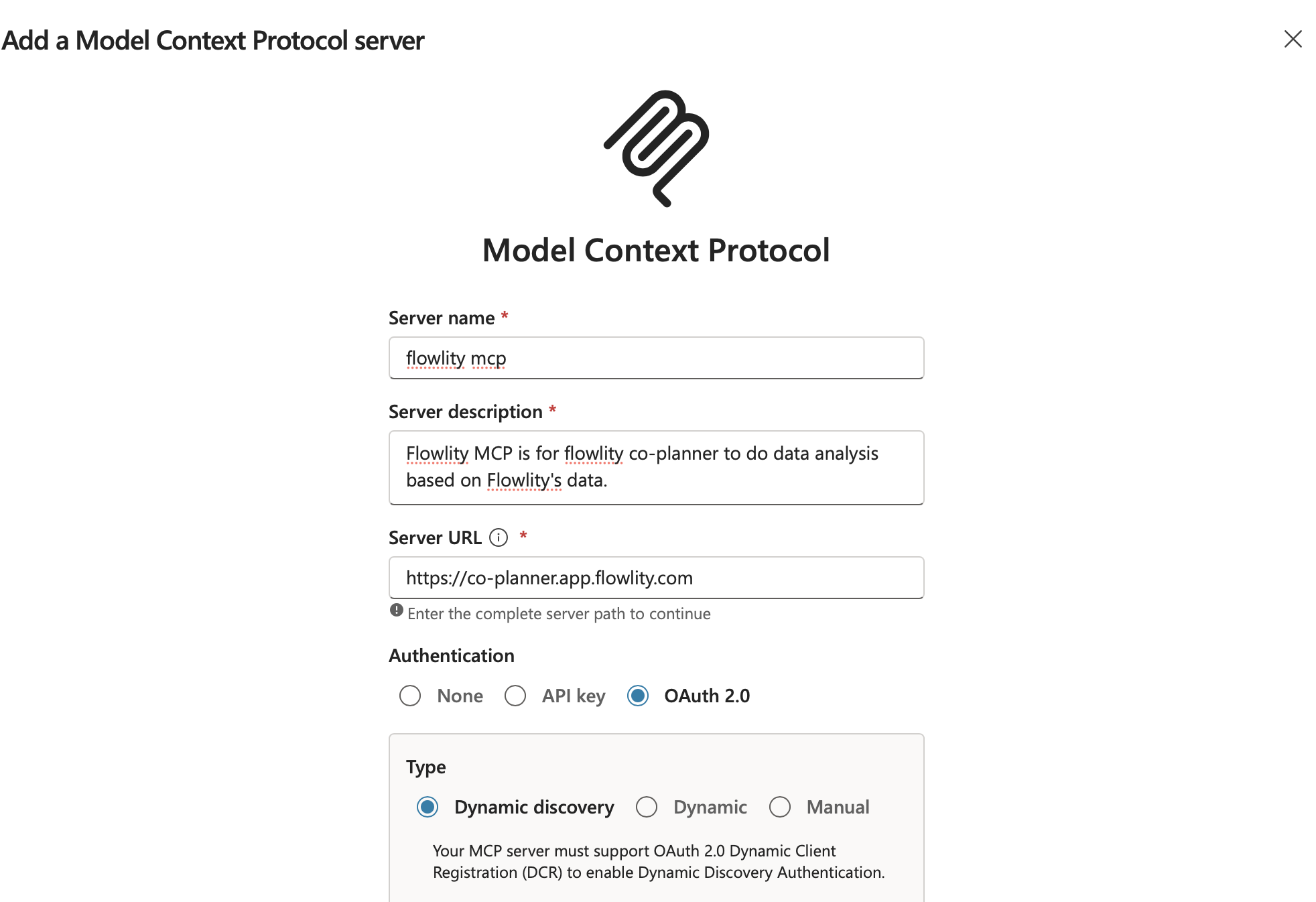 Formulario Add a Model Context Protocol server con nombre, descripción, URL y OAuth 2.0